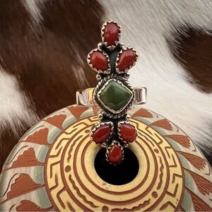 ❤️ Emerald Valley & Italian Red Coral Sterling Silver Navajo Style Adj Ring 7.6G